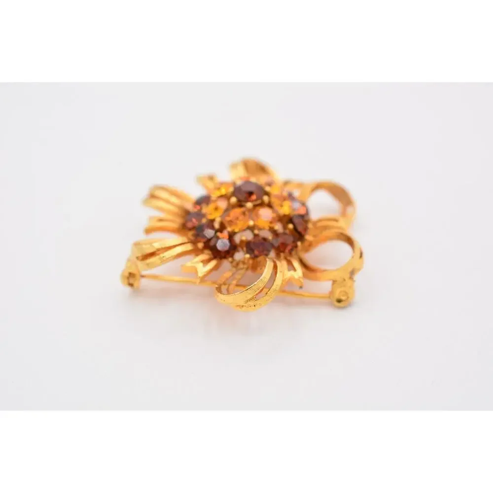 Lisner Vintage Flower Pin Brooch Amber Rhinestone Crystal Gold Signed 50s Bin5B